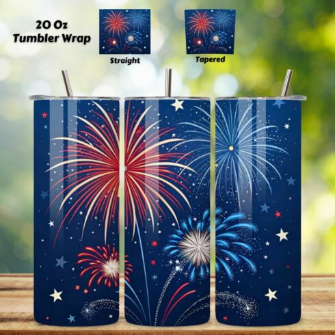 4th Of July Fireworks Burst Seamless Tumbler Wrap - 3D Red White Blue Explosions, 3D Floral Patriotic Tumbler Wrap, 20oz Skinny Sublimation Design, American Flag Floral Art, Independence Day Tumbler Wrap, Fourth of July Floral Gift, USA Patriotic Flower Wrap cover image.