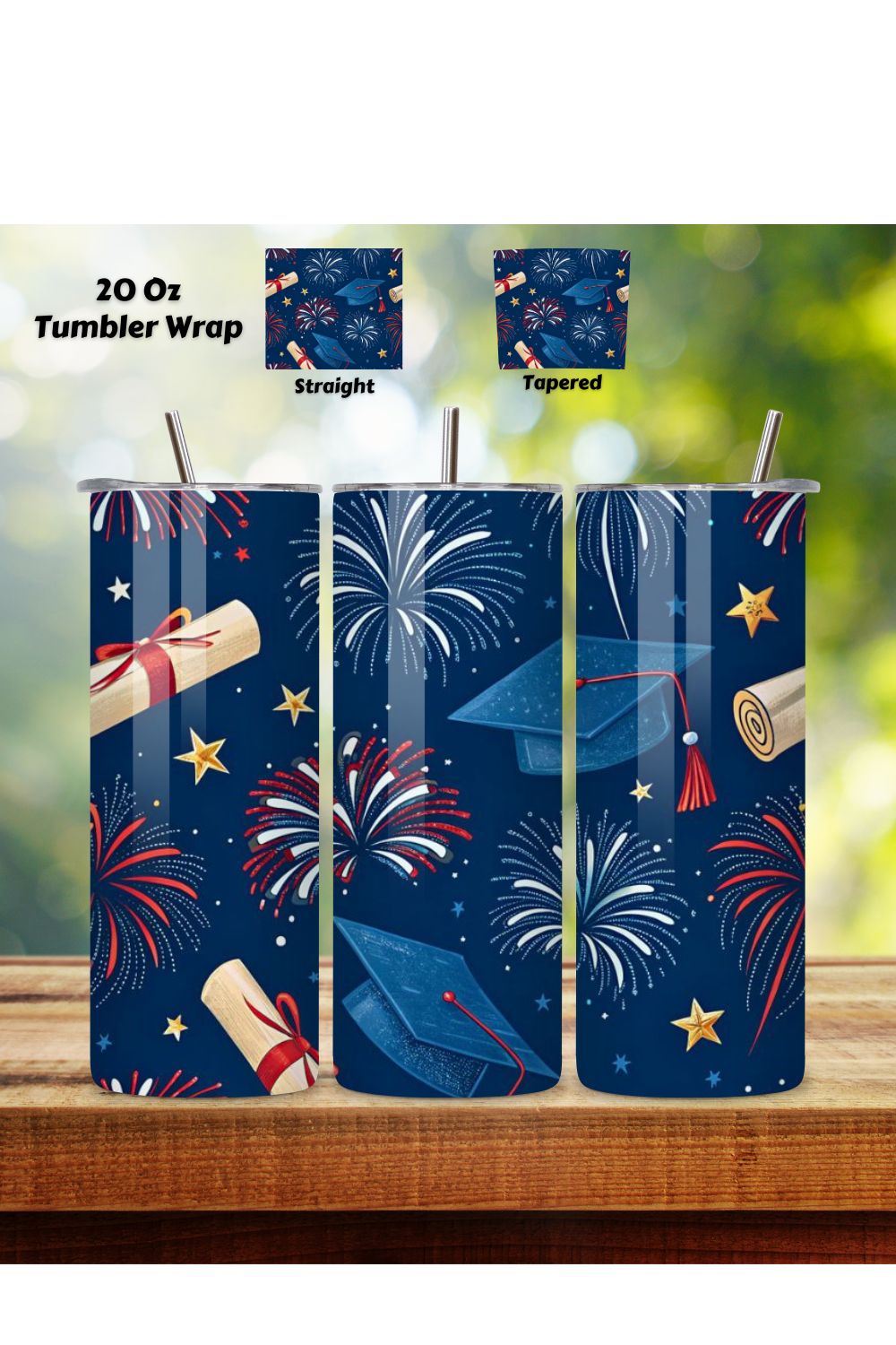 4th Of July Graduation Stars Seamless Tumbler Wrap - 3D Cap & Firework Combo, 20oz Skinny Sublimation Design, American Flag Floral Art, Independence Day Tumbler Wrap, Fourth of July Floral Gift, USA Patriotic Flower Wrap pinterest preview image.