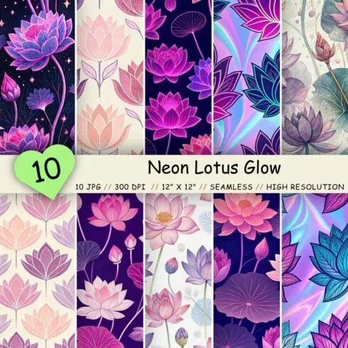 Neon Lotus Glow Seamless Pattern – UV Pink & Purple Rave Florals cover image.