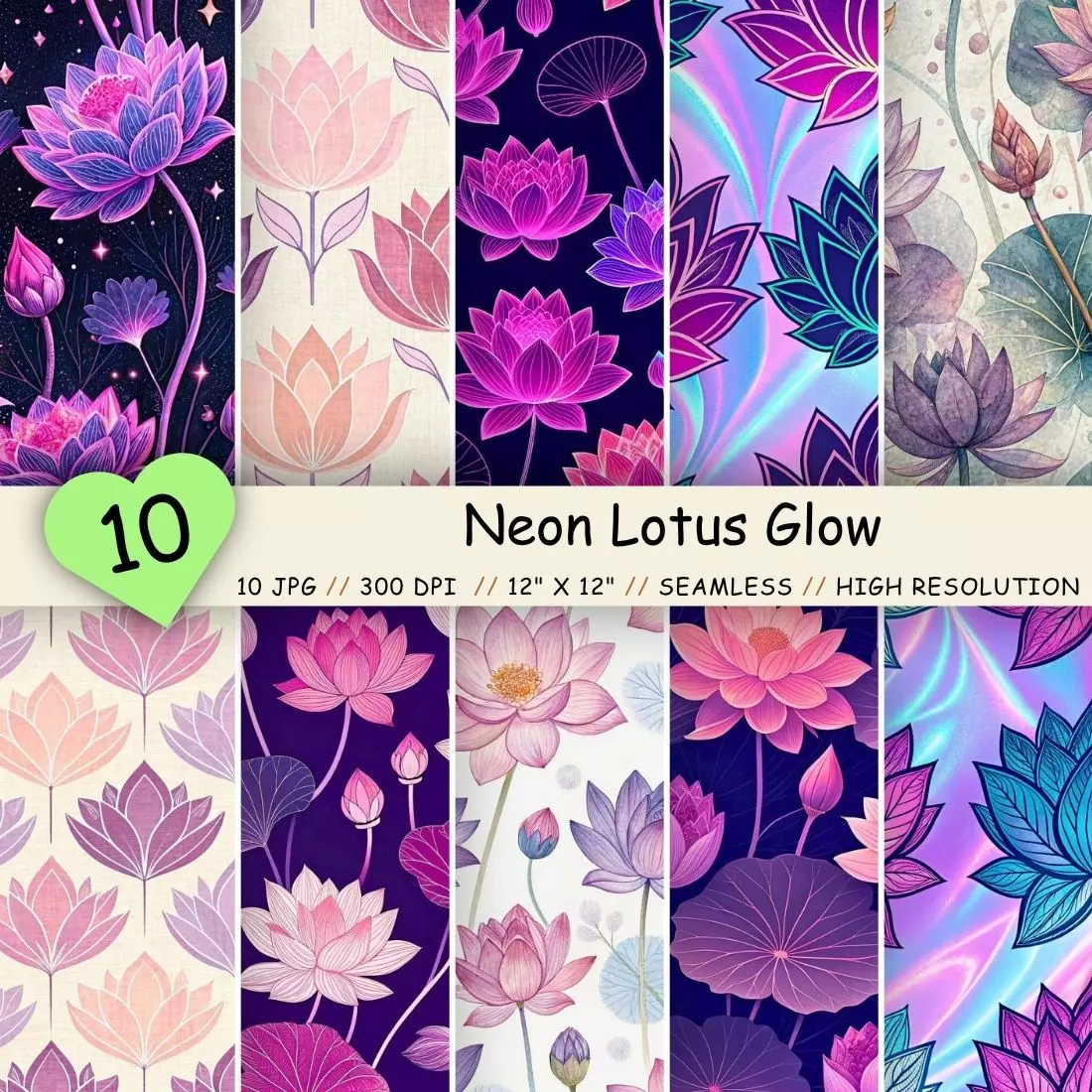Neon Lotus Glow Seamless Pattern – UV Pink & Purple Rave Florals cover image.