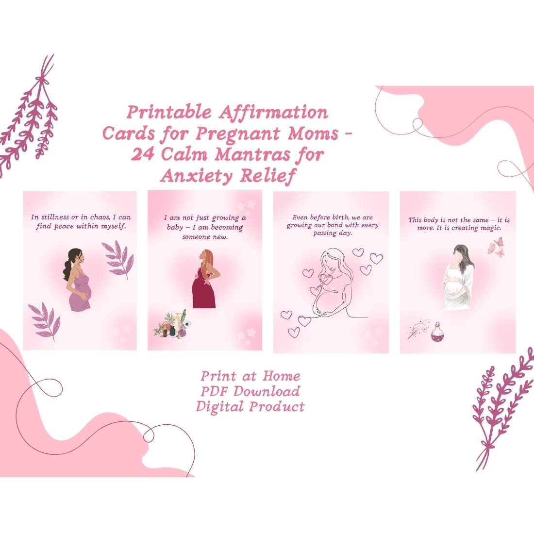 24 Printable Affirmation Card Bundle to Relieve Anxiety During Pregnancy cover image.