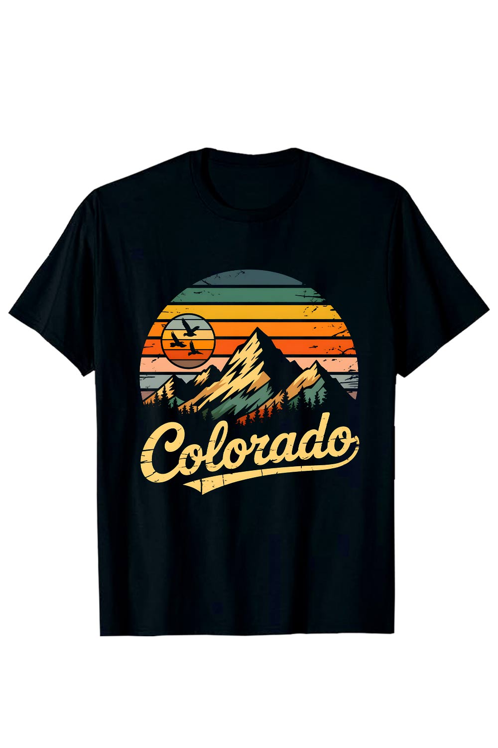 Colorado Mountain Sunset: Retro Vintage Style Graphic Design, Birds in Flight, Scenic Landscape Illustration Hiking Camping T shirt PNG File pinterest preview image.