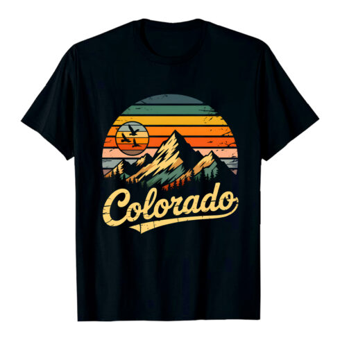 Colorado Mountain Sunset: Retro Vintage Style Graphic Design, Birds in Flight, Scenic Landscape Illustration Hiking Camping T shirt PNG File cover image.