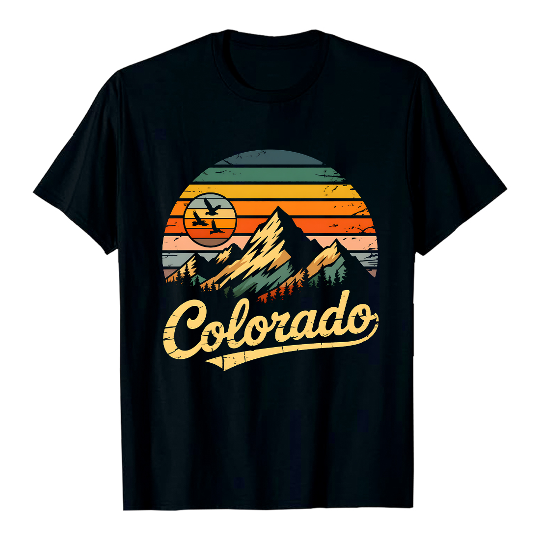 Colorado Mountain Sunset: Retro Vintage Style Graphic Design, Birds in Flight, Scenic Landscape Illustration Hiking Camping T shirt PNG File cover image.