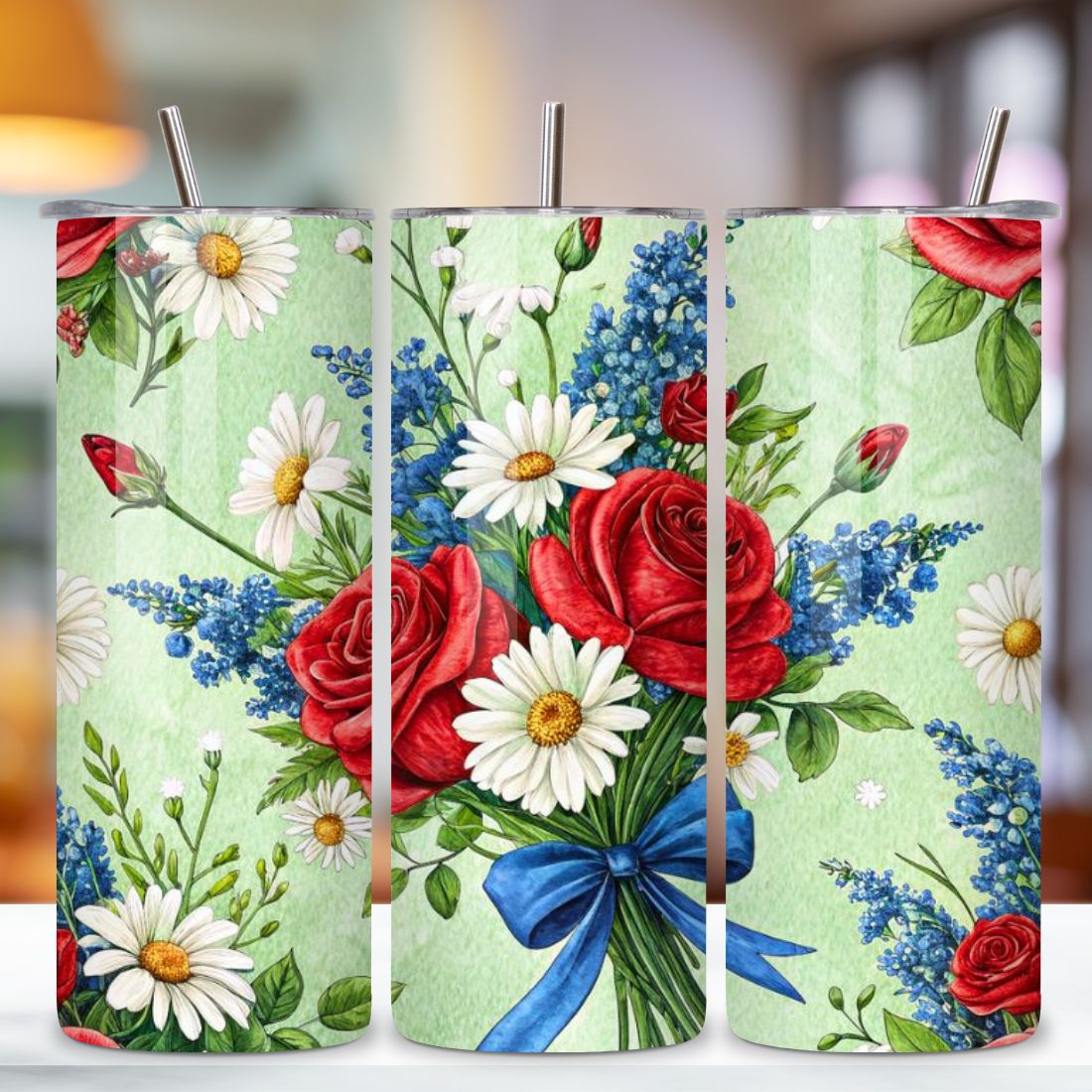 4th Of July Floral Fireworks Seamless Tumbler Wrap - 3D Blossoms & Explosions, 20oz Skinny Sublimation Design, American Flag Floral Art, Independence Day Tumbler Wrap, Fourth of July Floral Gift, USA Patriotic Flower Wrap preview image.