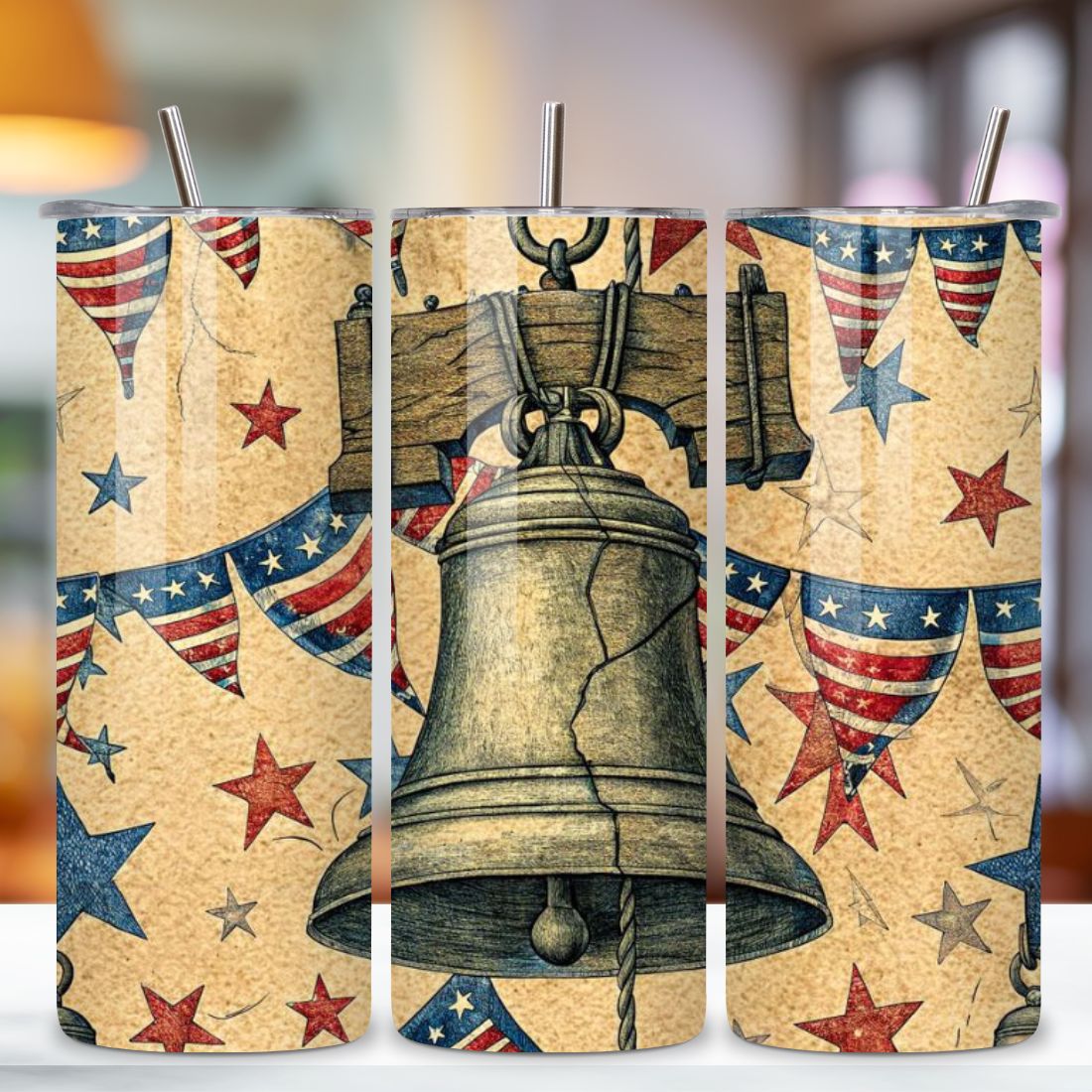 4th Of July Liberty Bell Seamless Tumbler Wrap - 3D Historic Cracked Texture, 3D Floral Patriotic Tumbler Wrap, 20oz Skinny Sublimation Design, American Flag Floral Art, Independence Day Tumbler Wrap, Fourth of July Floral Gift, USA Patriotic Flower Wrap preview image.