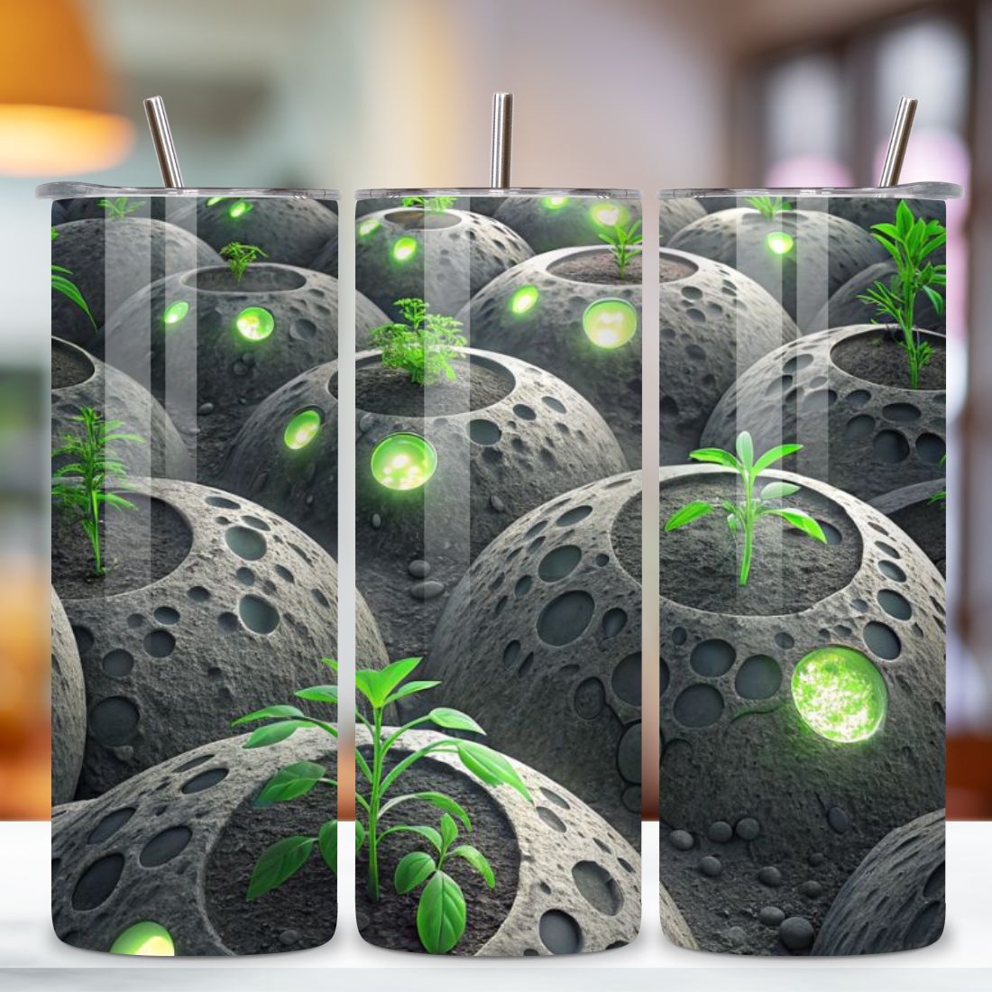 3D Lunar Agriculture Seamless Tumbler Wrap - Moon Soil Textures & Glowing Plants, 20 oz Skinny Sublimation PNG, seamless design, skinny tumbler, sublimation tumbler, tumbler design preview image.