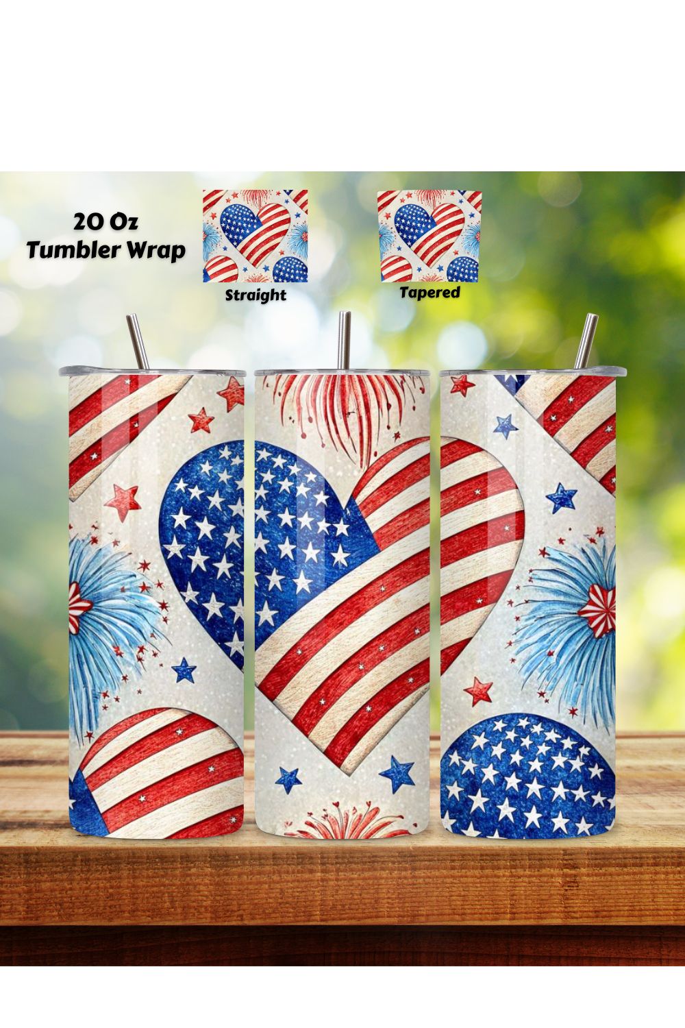 4th Of July Heart Patriot Seamless Tumbler Wrap - 3D Love & Firework Explosion, 20oz Skinny Sublimation Design, American Flag Floral Art, Independence Day Tumbler Wrap, Fourth of July Floral Gift, USA Patriotic Flower Wrap pinterest preview image.