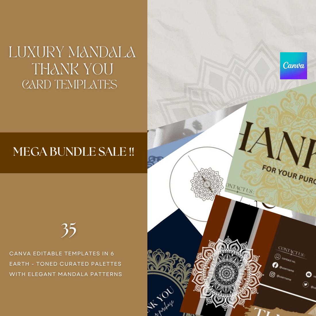 35 Unique Luxury Mandala Thank-You Card Templates - The Ultimate Mega Bundle for Less than $020 cover image.