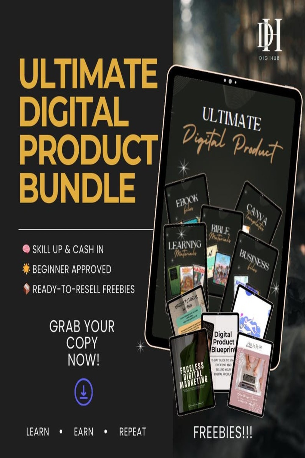 Ultimate Digital Product Bundle | Templates, Ebooks, Planners & Tools | Resell Rights | Instant Download | Editable Canva New pinterest preview image.