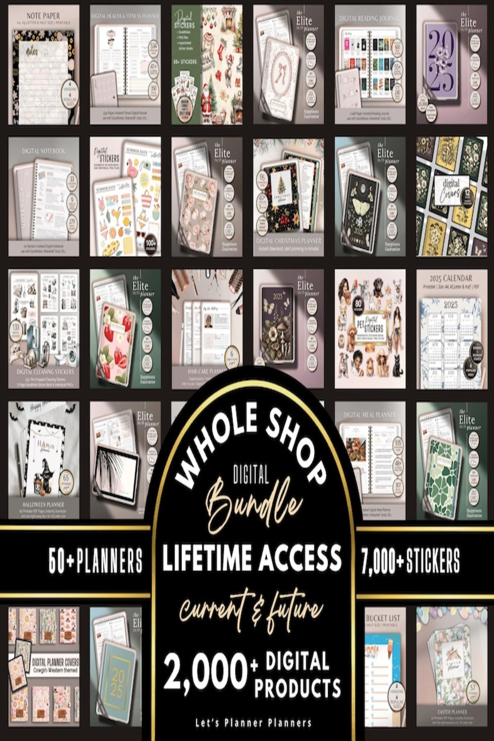 Digital Planner 2025 Customizable WHOLE SHOP BUNDLE Goodnotes iPad Template Android Notability Journal digital Stickers Printables & Inserts pinterest preview image.