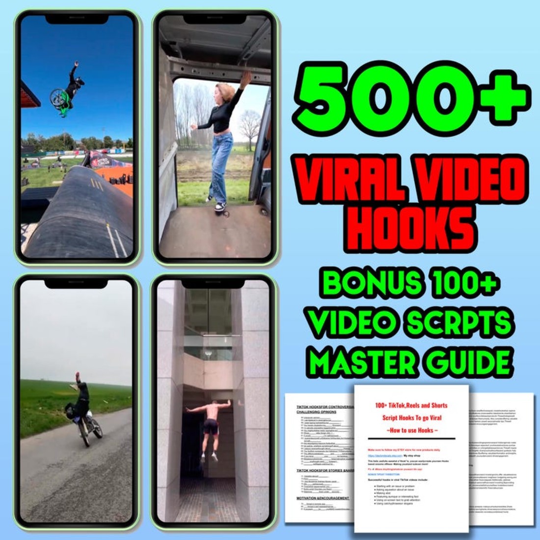 500+ Viral Video hooks, Free Video Hooks Mastery Guide Scripts To Go Viral, funny fail videos, Comedy, Tiktoks Instagram Reels YT shorts preview image.