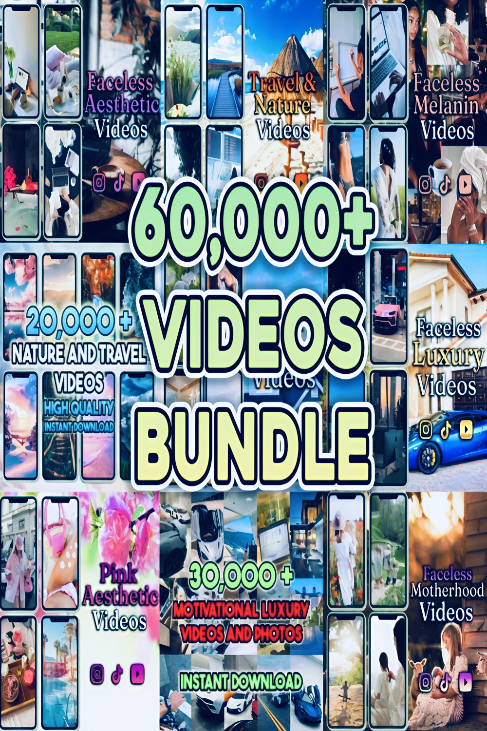 60,000 Video Bundle: Faceless, Nature Travel Aesthetic Lifestyle Vlogs, Motivational, Melanin, Real Estate Instagram Stories Tiktok YouTube bundle pinterest preview image.