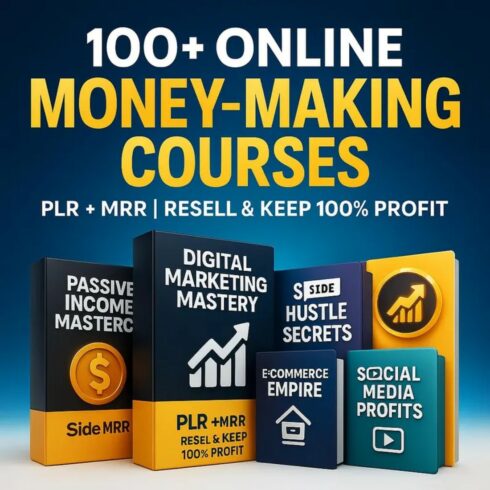 100+ Money Making Courses PLR MRR Bundle | Online Business, Digital Marketing, Passive Income, Side Hustles, Make Money Online Course Vault cover image.