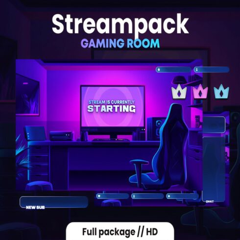 GAMERS STREAM PACK - Gaming room - Animated twitch stream package - 1920x1080px - Purple and Blue - Overlays, Badges, Scenes and more! cover image.