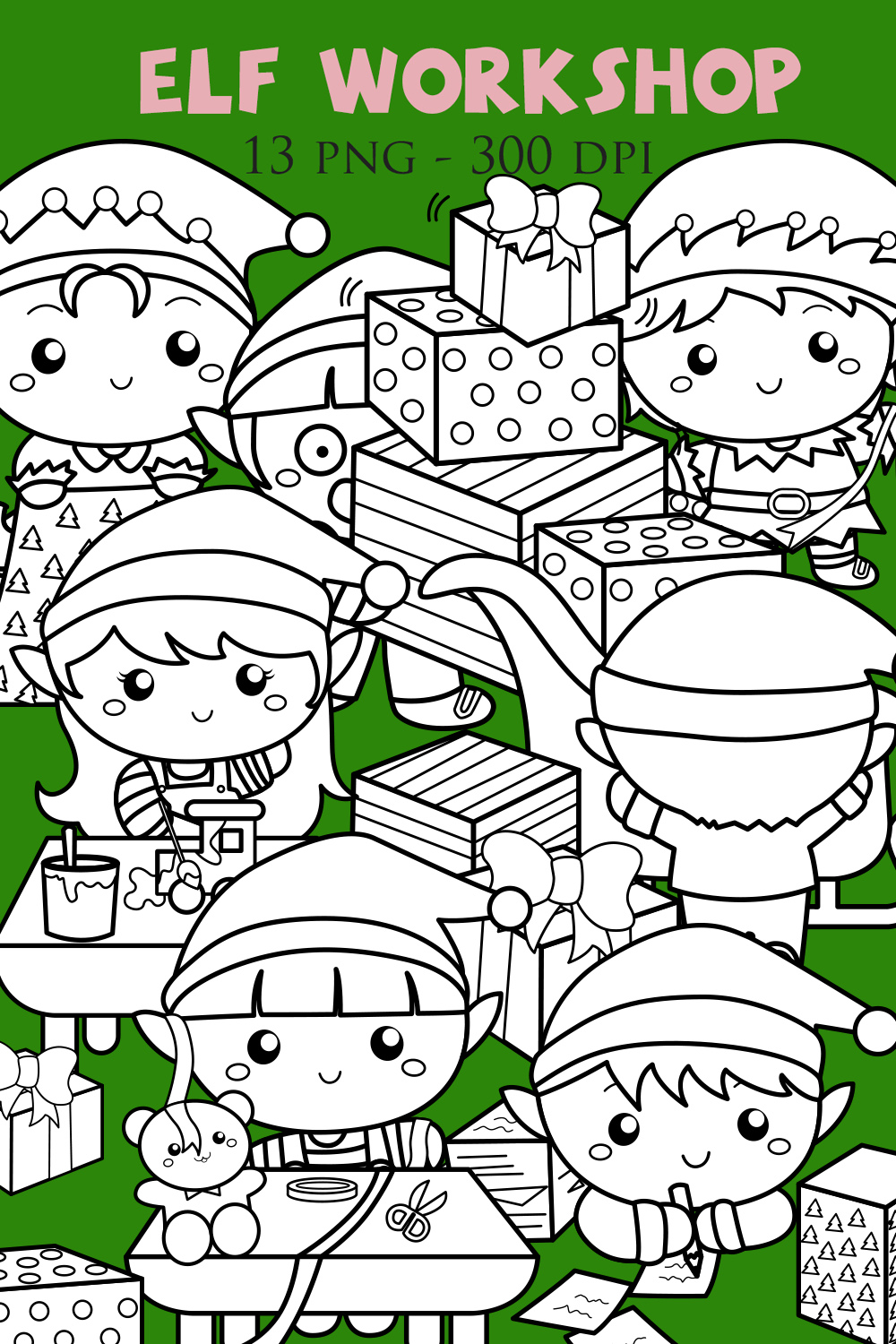 Cute Christmas Elf Workshop Character Kids Boy Girl Cartoon Digital Stamp Outline Black and White pinterest preview image.