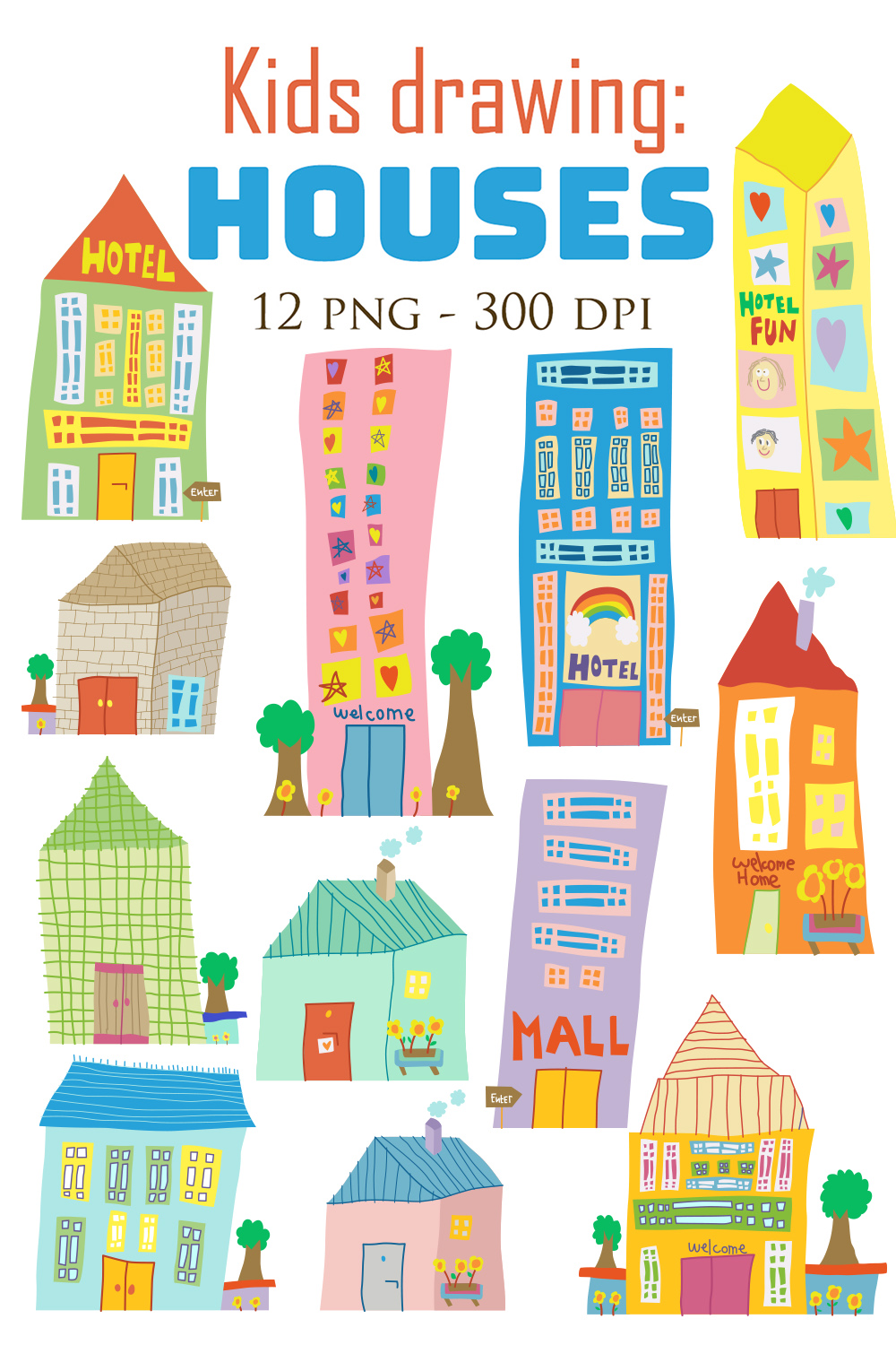 Cute and Funny Kids Drawing House Mall Hotel Building Design Abstract Imagination Creativity Creation Cartoon Illustration Vector Clipart Sticker Decoration Background pinterest preview image.