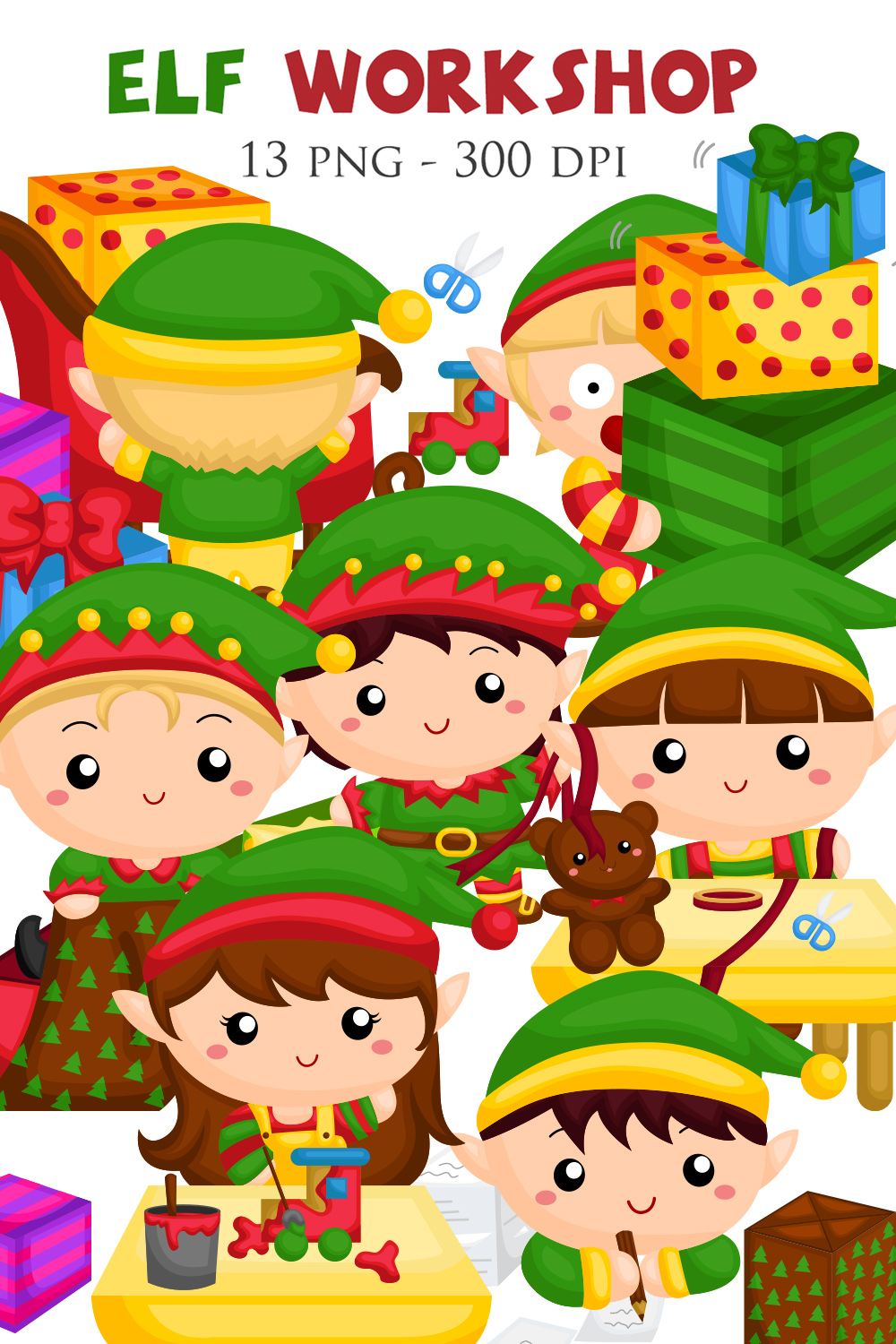 Cute Christmas Elf Workshop Character Kids Boy Girl Cartoon Illustration Vector Clipart Sticker Decoration Background Accessories pinterest preview image.