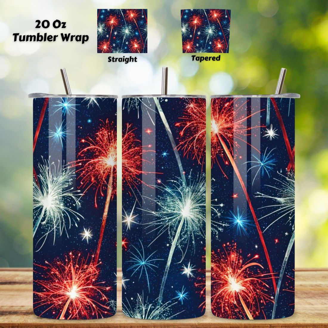 4th Of July Firework Trails Seamless Tumbler Wrap - 3D Sparkling Night Sky, 3D Floral Patriotic Tumbler Wrap, 20oz Skinny Sublimation Design, American Flag Floral Art, Independence Day Tumbler Wrap, Fourth of July Floral Gift, USA Patriotic Flower Wrap cover image.