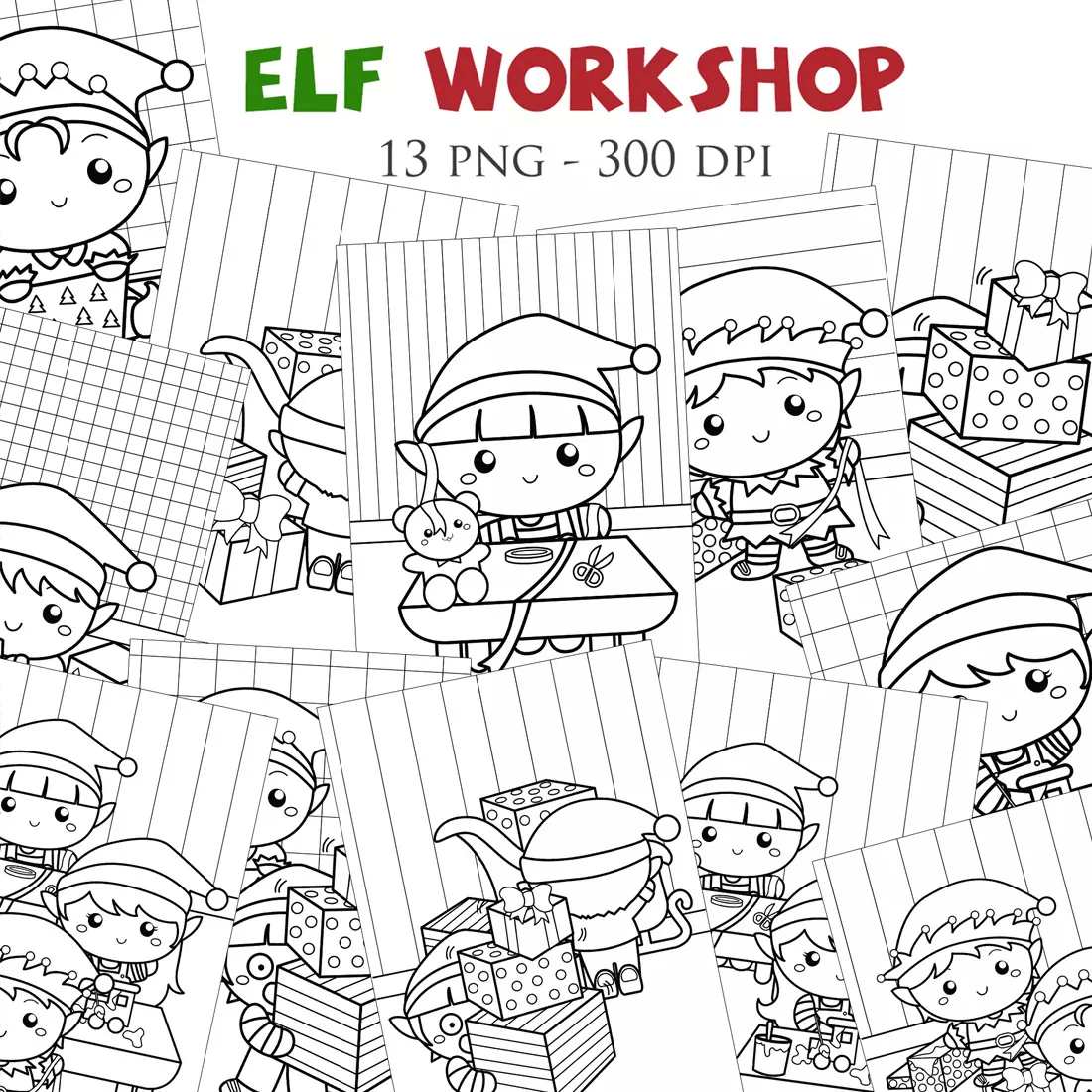 Cute Christmas Elf Workshop Character Kids Boy Girl Cartoon Holiday Coloring Activity cover image.