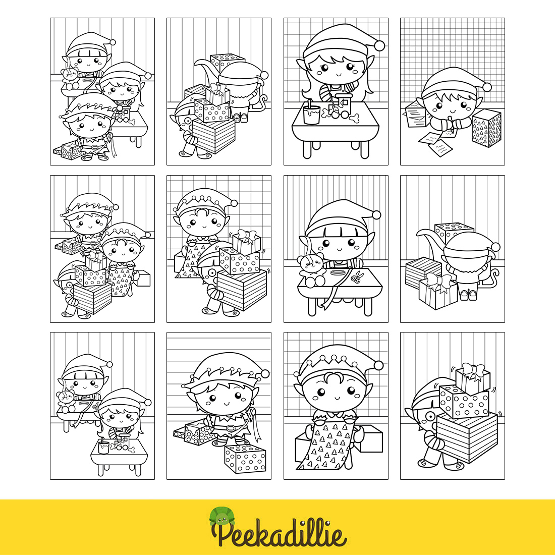 Cute Christmas Elf Workshop Character Kids Boy Girl Cartoon Holiday Coloring Activity preview image.