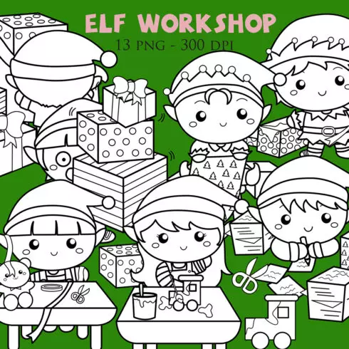 Cute Christmas Elf Workshop Character Kids Boy Girl Cartoon Digital Stamp Outline Black and White cover image.