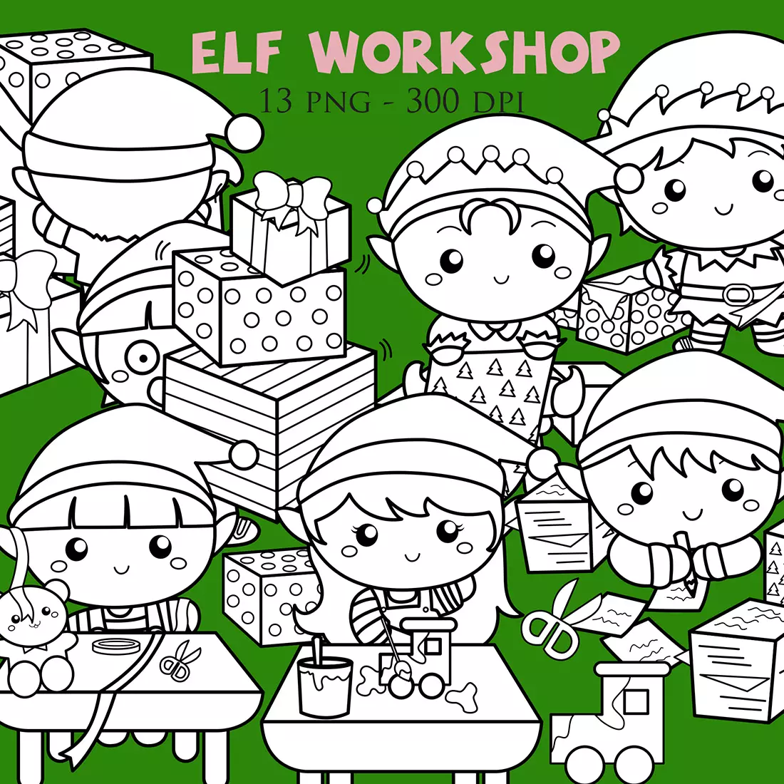 Cute Christmas Elf Workshop Character Kids Boy Girl Cartoon Digital Stamp Outline Black and White cover image.