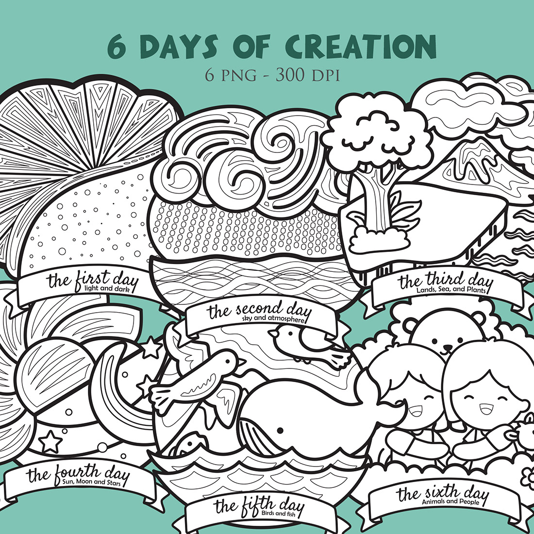 6 Days of Creations God Bible Story Religion Symbol World Beginning Christianity Biblical Faith Cartoon Digital Stamp Outline cover image.