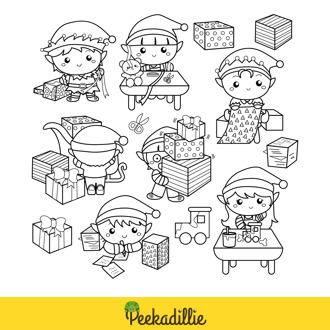 Cute Christmas Elf Workshop Character Kids Boy Girl Cartoon Digital Stamp Outline Black and White preview image.