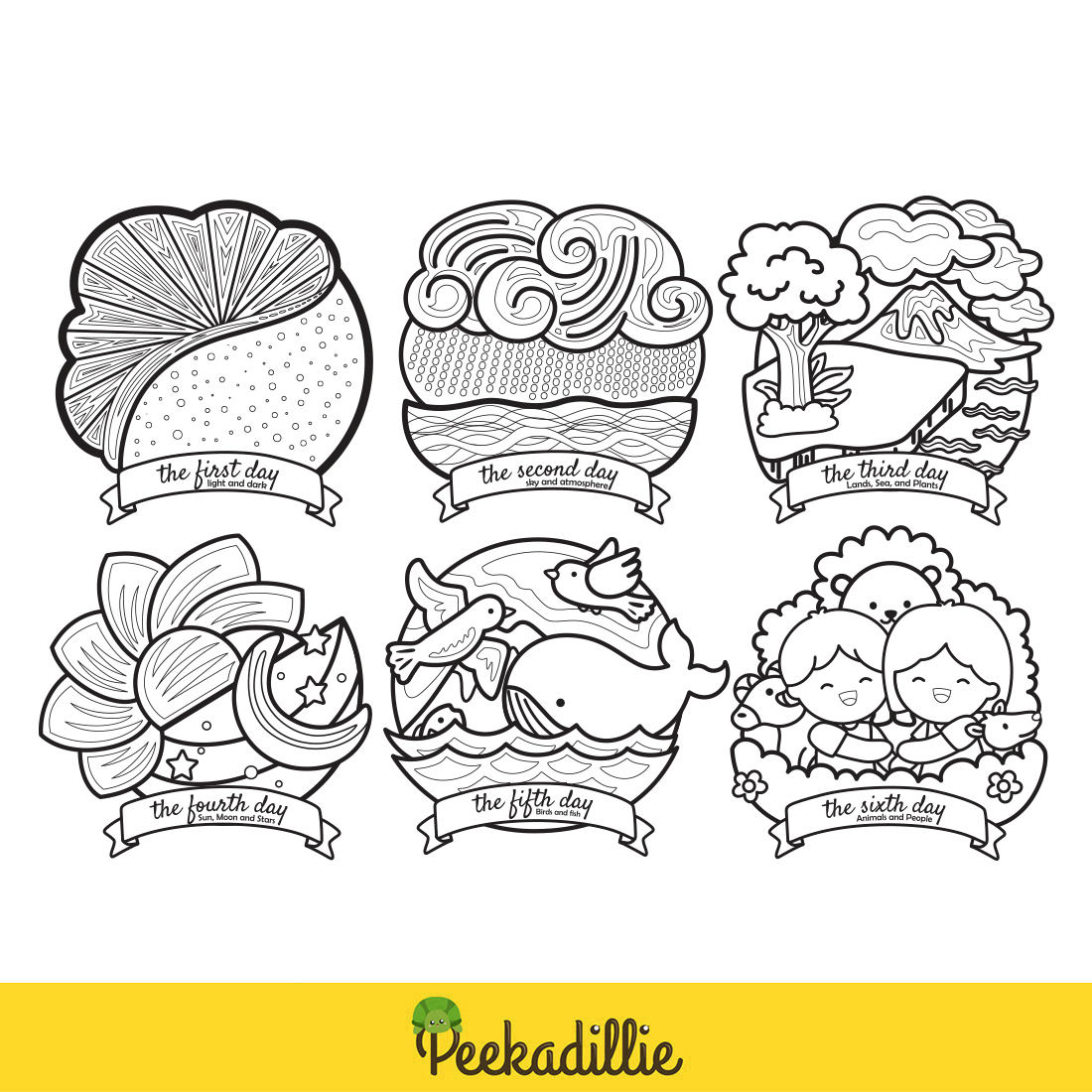 6 Days of Creations God Bible Story Religion Symbol World Beginning Christianity Biblical Faith Cartoon Digital Stamp Outline preview image.