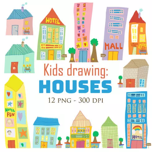 Cute and Funny Kids Drawing House Mall Hotel Building Design Abstract Imagination Creativity Creation Cartoon Illustration Vector Clipart Sticker Decoration Background cover image.
