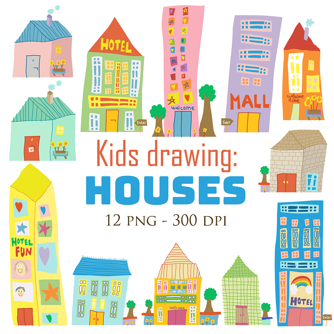 Cute and Funny Kids Drawing House Mall Hotel Building Design Abstract Imagination Creativity Creation Cartoon Illustration Vector Clipart Sticker Decoration Background cover image.