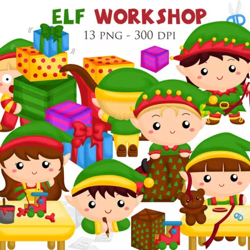 Cute Christmas Elf Workshop Character Kids Boy Girl Cartoon Illustration Vector Clipart Sticker Decoration Background Accessories cover image.