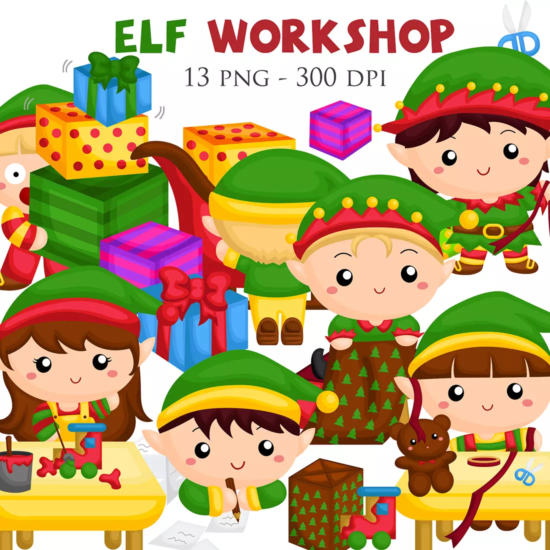 Cute Christmas Elf Workshop Character Kids Boy Girl Cartoon Illustration Vector Clipart Sticker Decoration Background Accessories cover image.