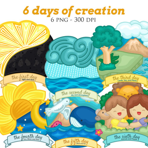 6 Days of Creations God Bible Story Religion Symbol World Beginning Christianity Biblical Faith Cartoon Illustration Vector Clipart Sticker Decoration Background Decoration cover image.