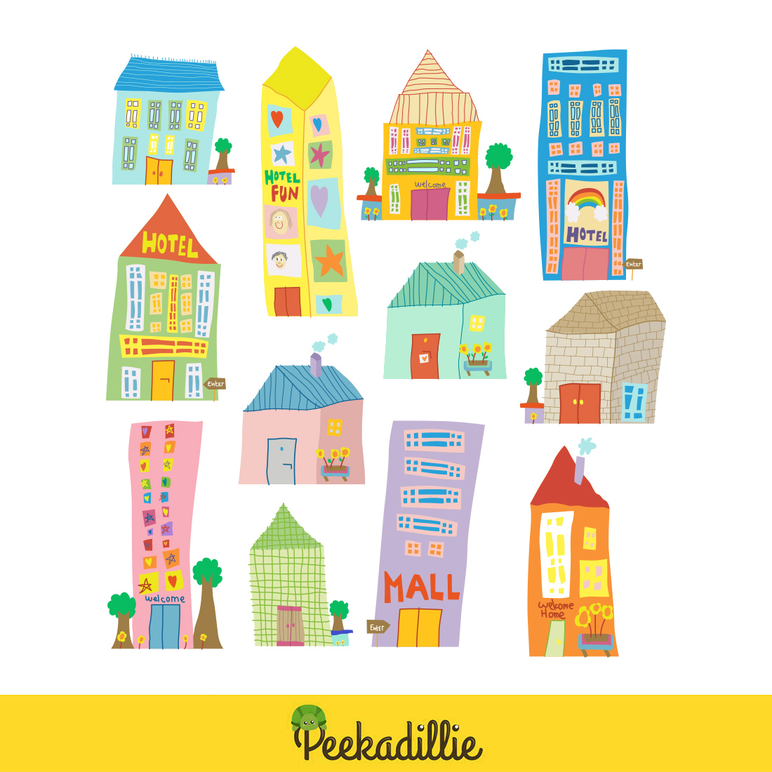 Cute and Funny Kids Drawing House Mall Hotel Building Design Abstract Imagination Creativity Creation Cartoon Illustration Vector Clipart Sticker Decoration Background preview image.