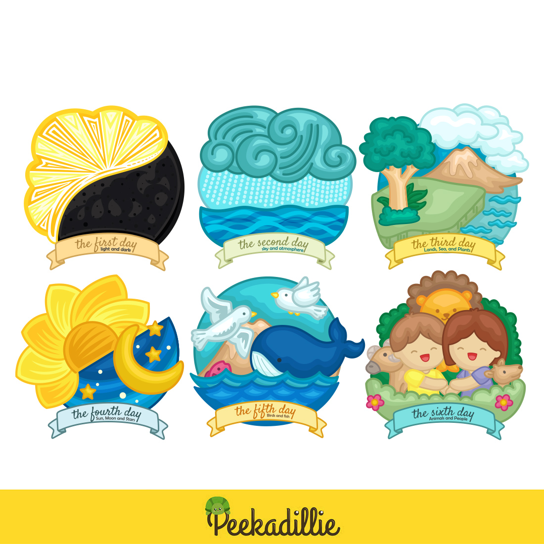6 Days of Creations God Bible Story Religion Symbol World Beginning Christianity Biblical Faith Cartoon Illustration Vector Clipart Sticker Decoration Background Decoration preview image.