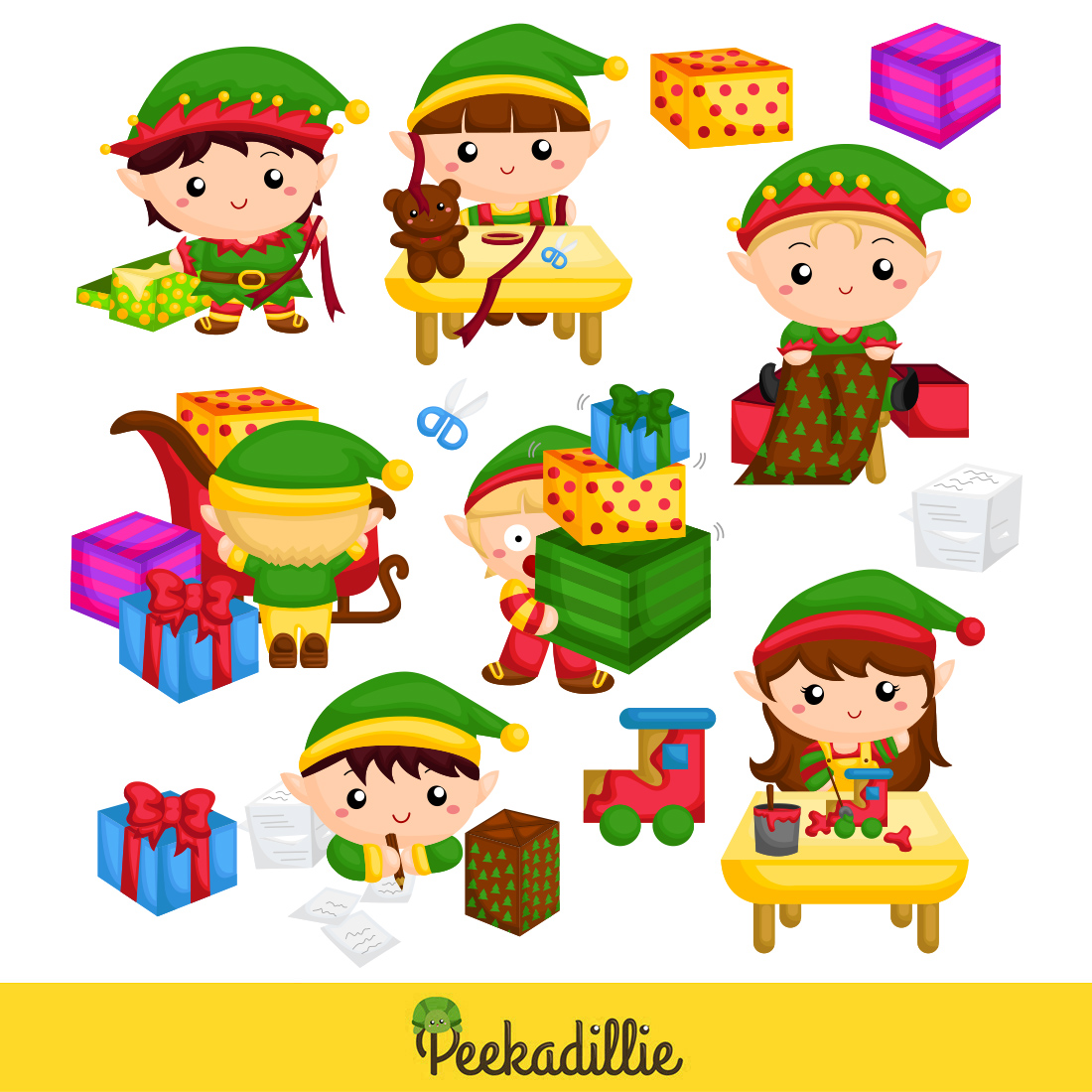 Cute Christmas Elf Workshop Character Kids Boy Girl Cartoon Illustration Vector Clipart Sticker Decoration Background Accessories preview image.