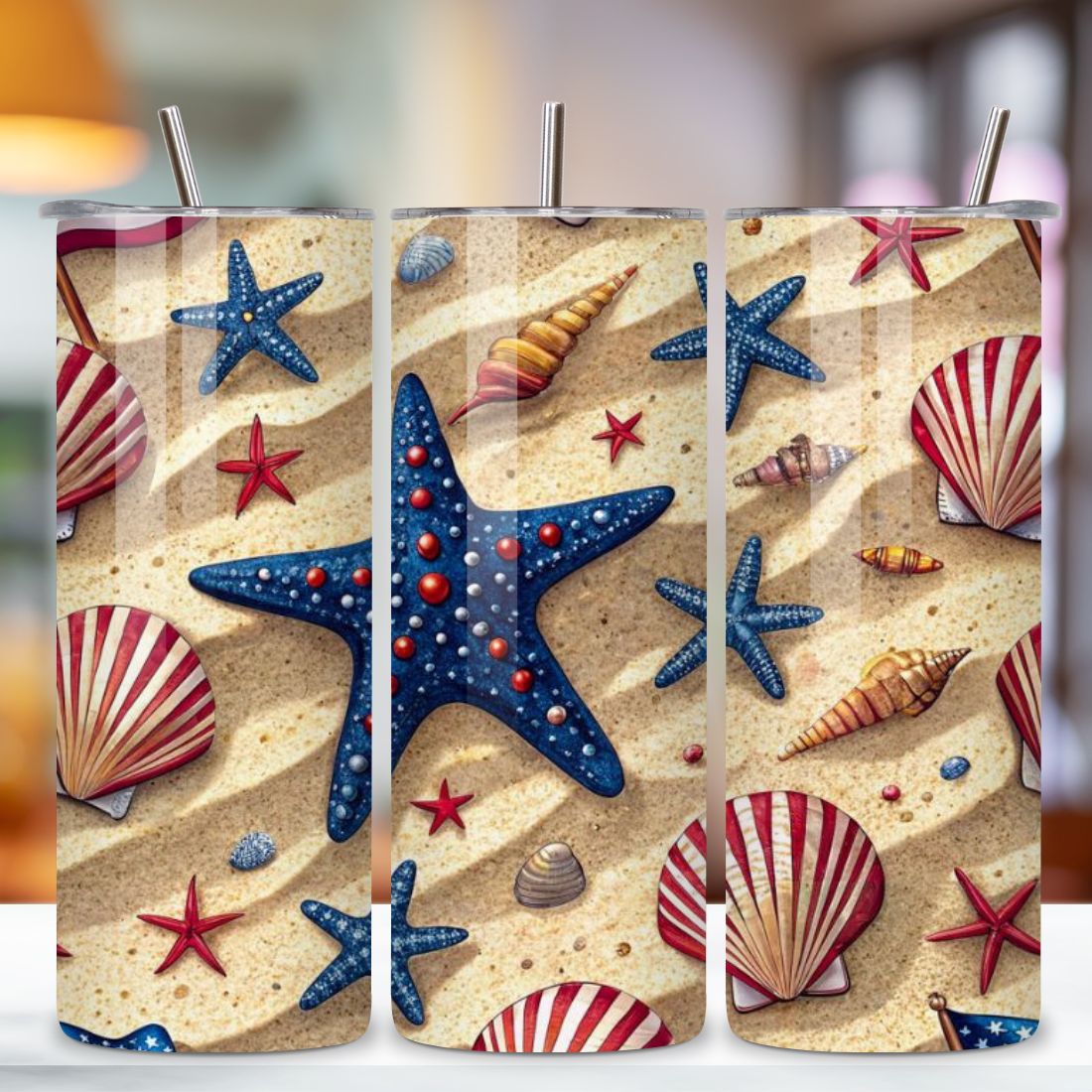 4th Of July Beach Party Seamless Tumbler Wrap - 3D Sand & Firework Celebration, 20oz Skinny Sublimation Design, American Flag Floral Art, Independence Day Tumbler Wrap, Fourth of July Floral Gift, USA Patriotic Flower Wrap preview image.