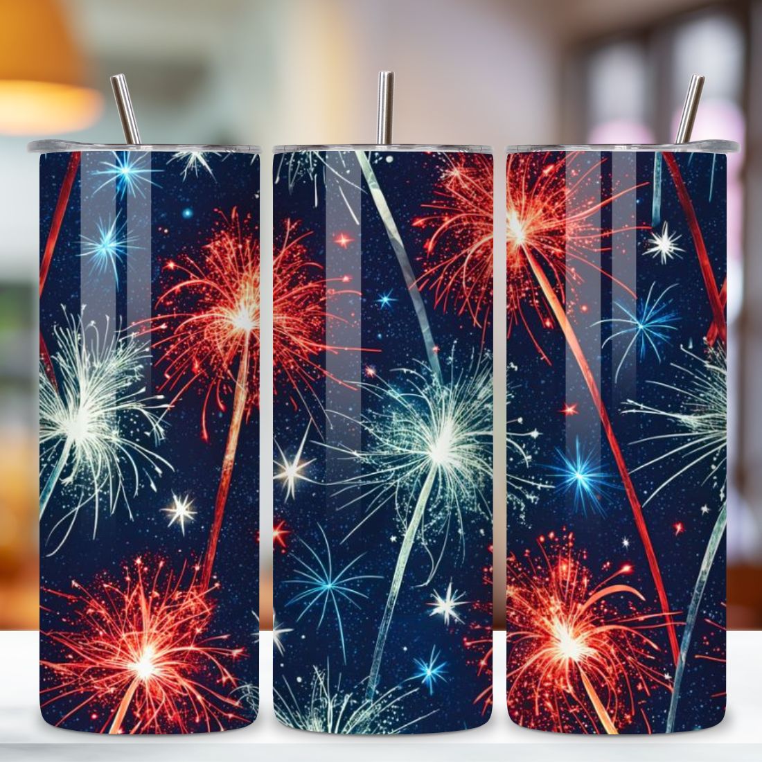 4th Of July Firework Trails Seamless Tumbler Wrap - 3D Sparkling Night Sky, 3D Floral Patriotic Tumbler Wrap, 20oz Skinny Sublimation Design, American Flag Floral Art, Independence Day Tumbler Wrap, Fourth of July Floral Gift, USA Patriotic Flower Wrap preview image.