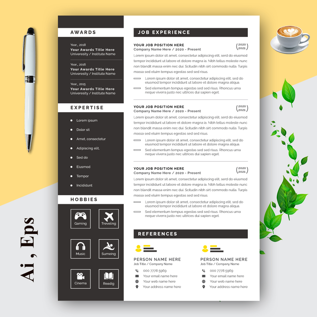 Resume Layout Set with Black and Yellow Elements preview image.
