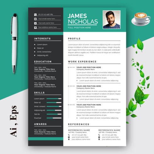 Black Sidebar Layout with Resume cover image.