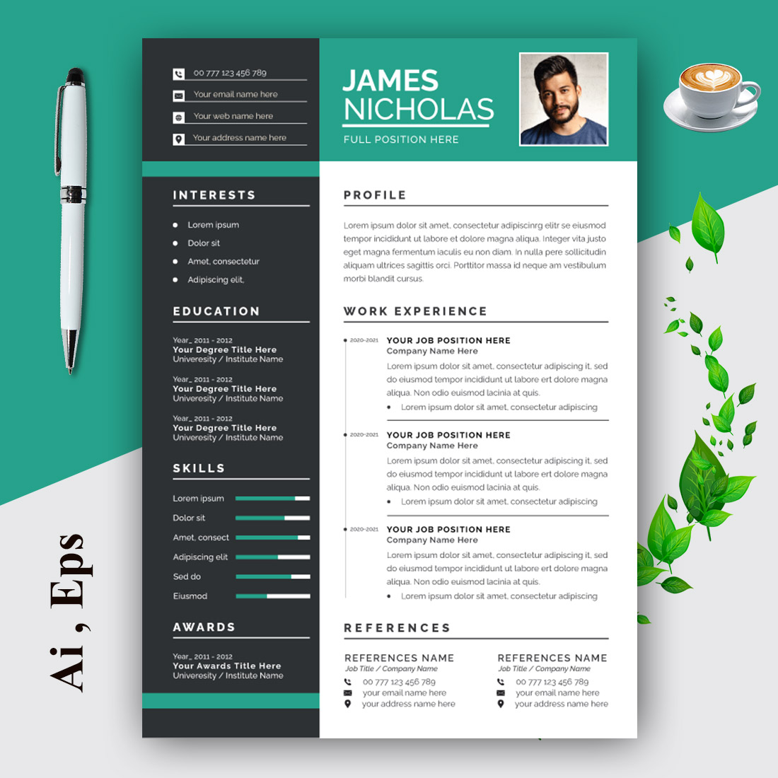 Black Sidebar Layout with Resume cover image.