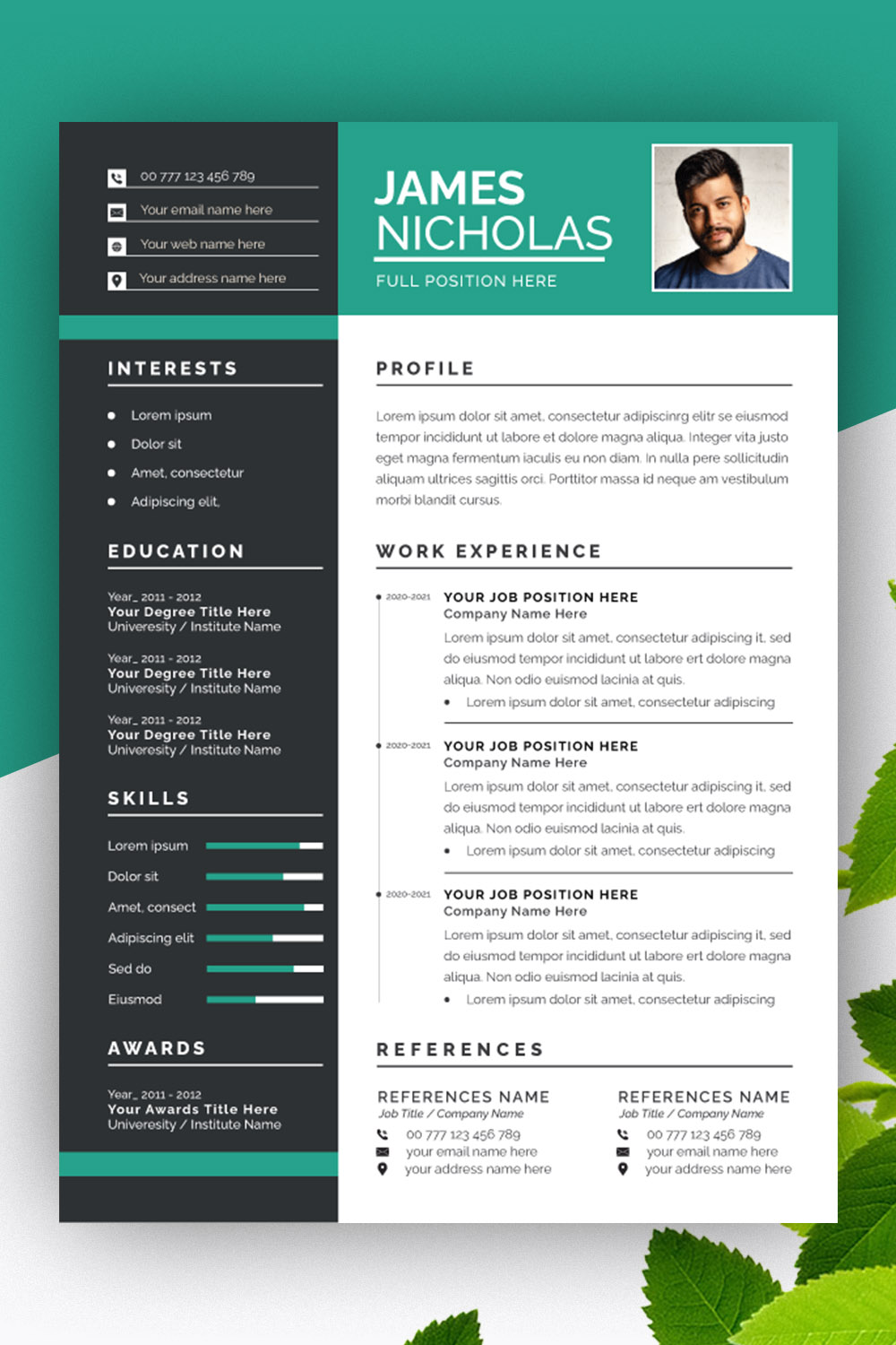 Black Sidebar Layout with Resume pinterest preview image.