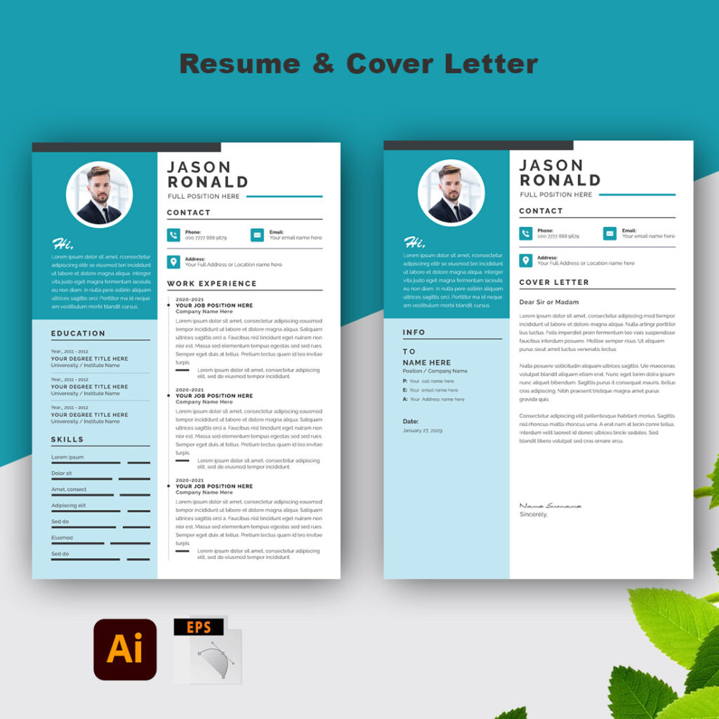 Resume and Cover Letter Layout with Blue Sidebar - MasterBundles