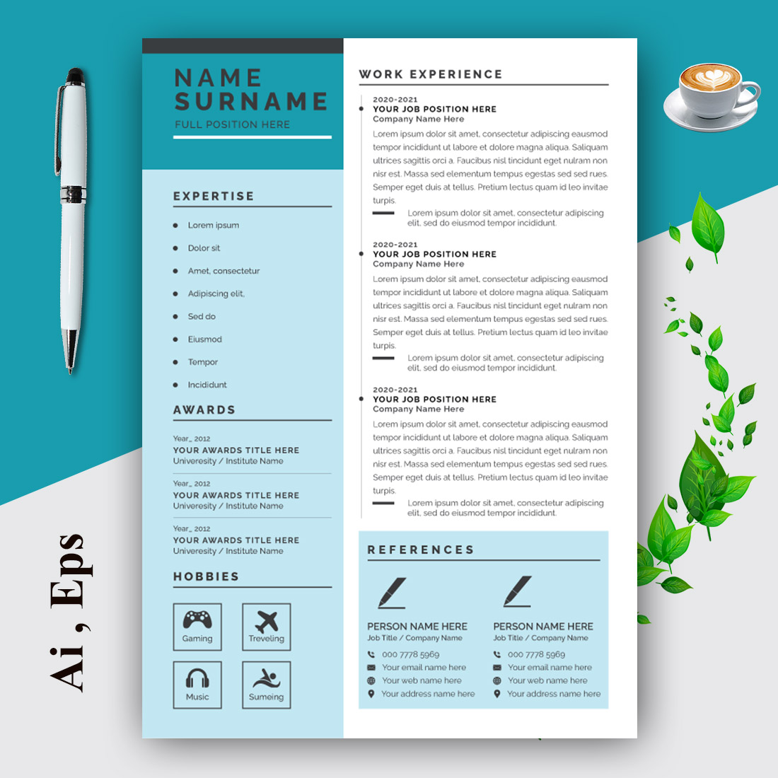 Resume and Cover Letter Layout with Blue Sidebar preview image.