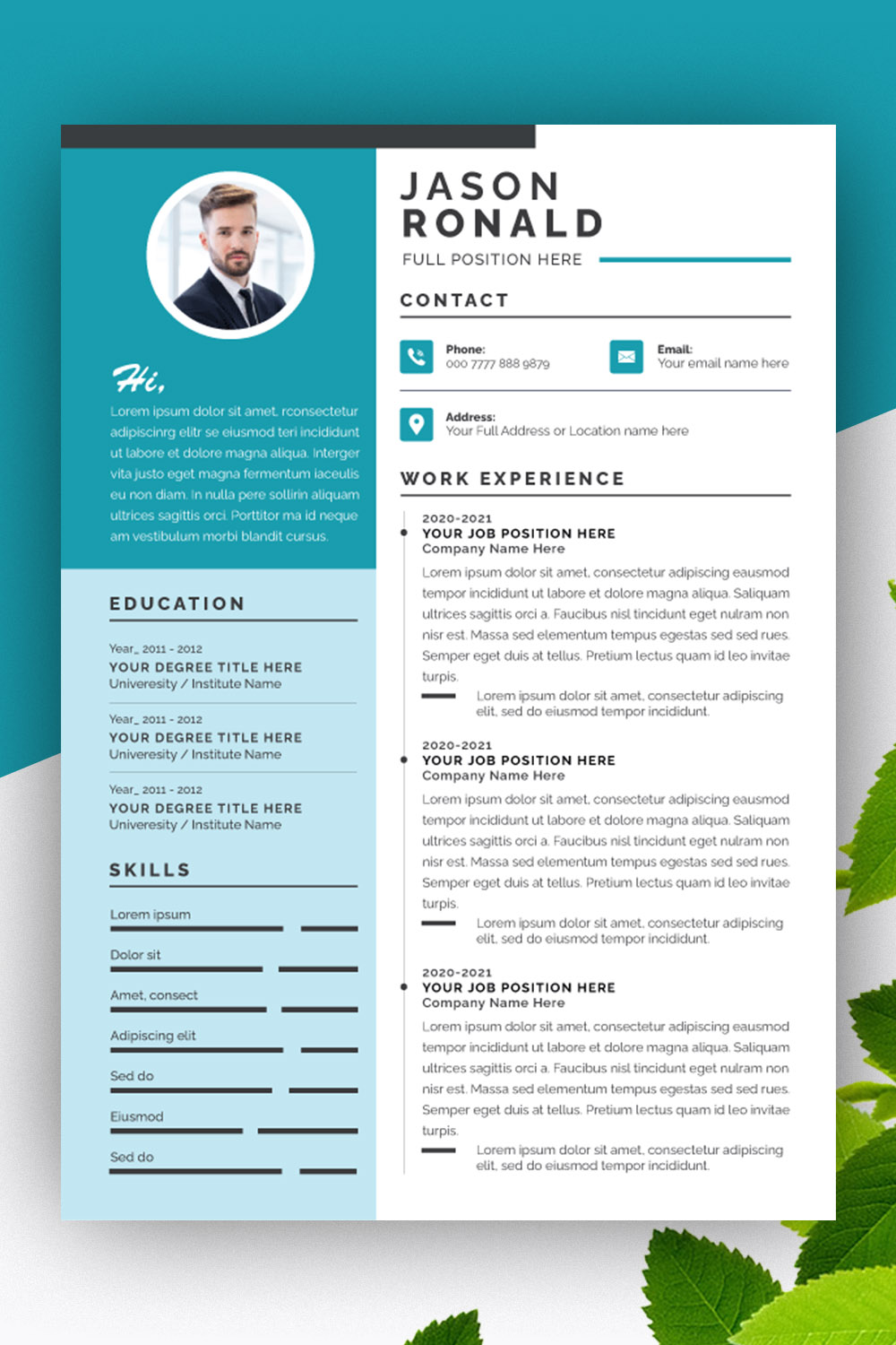 Resume and Cover Letter Layout with Blue Sidebar pinterest preview image.