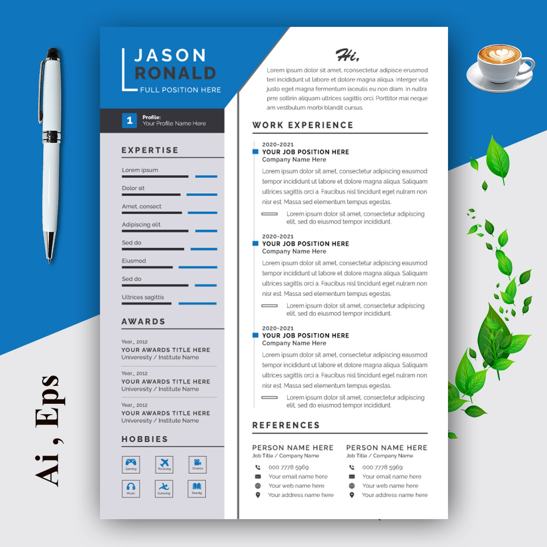 Resume Layout Set with Blue Header preview image.