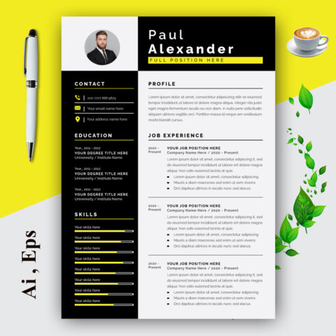 Resume Layout Set with Black and Yellow cover image.
