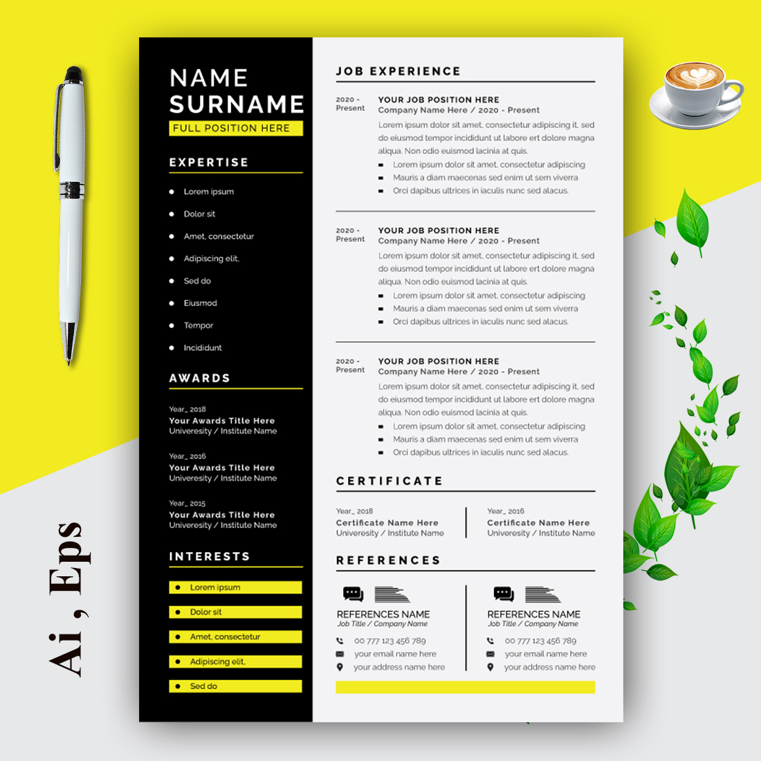 Resume Layout Set with Black and Yellow preview image.